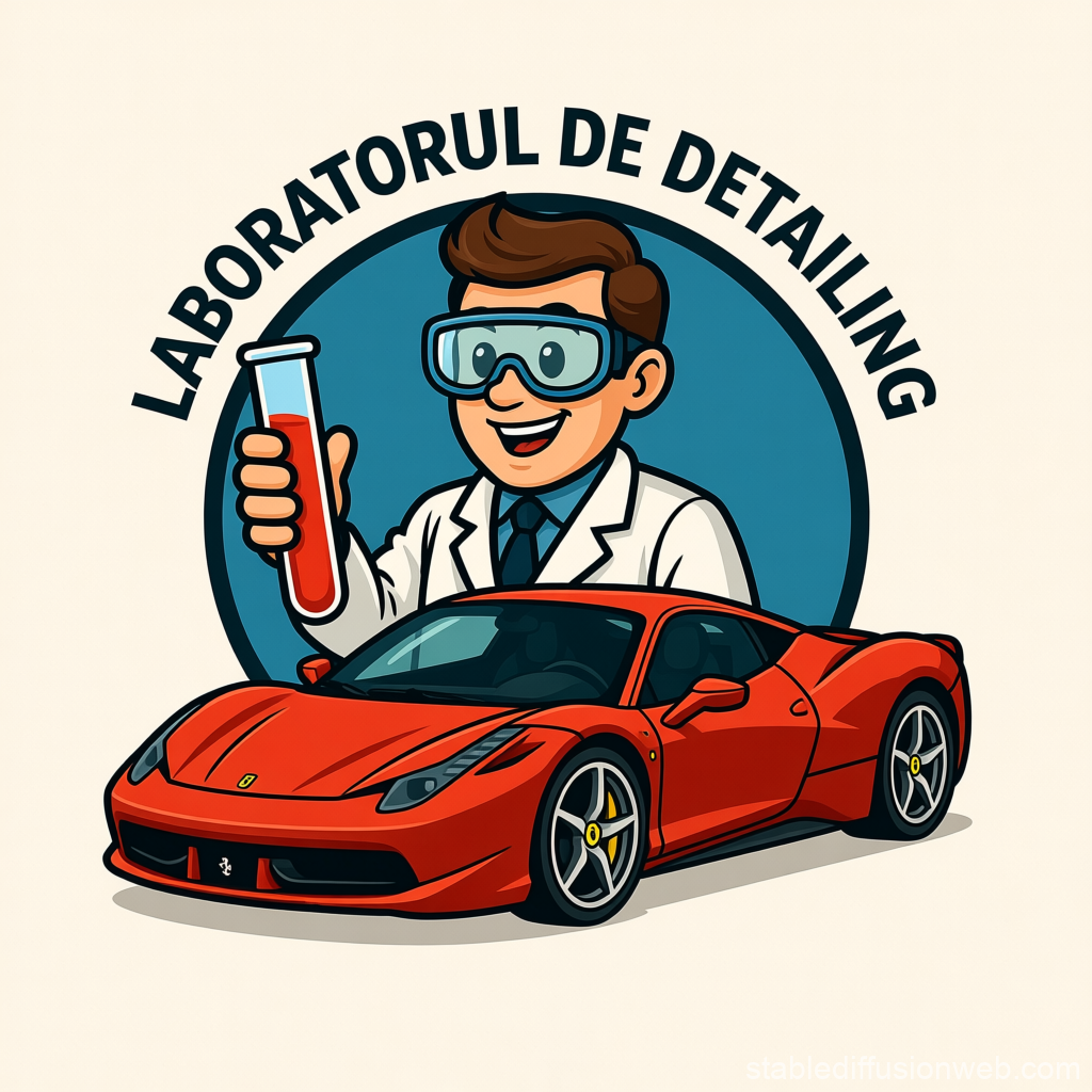 Laboratorul de Detailing Logo with Scientist and Red Sports Car
