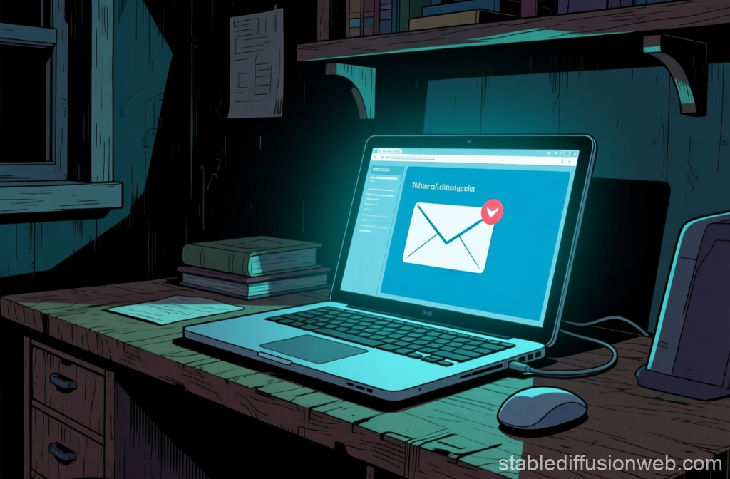 Laptop with New Email Notification in Dark Room