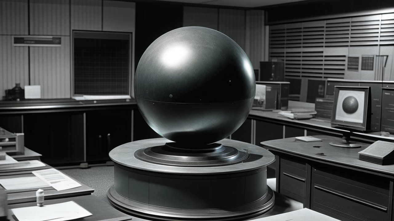 Large Metallic Sphere in a Retro Control Room