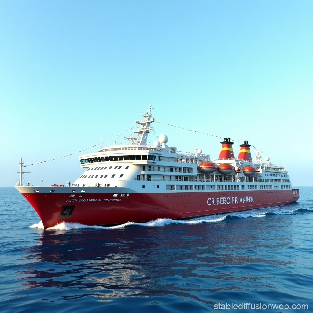 Large Red and White Cruise Ship Sailing on Calm Ocean