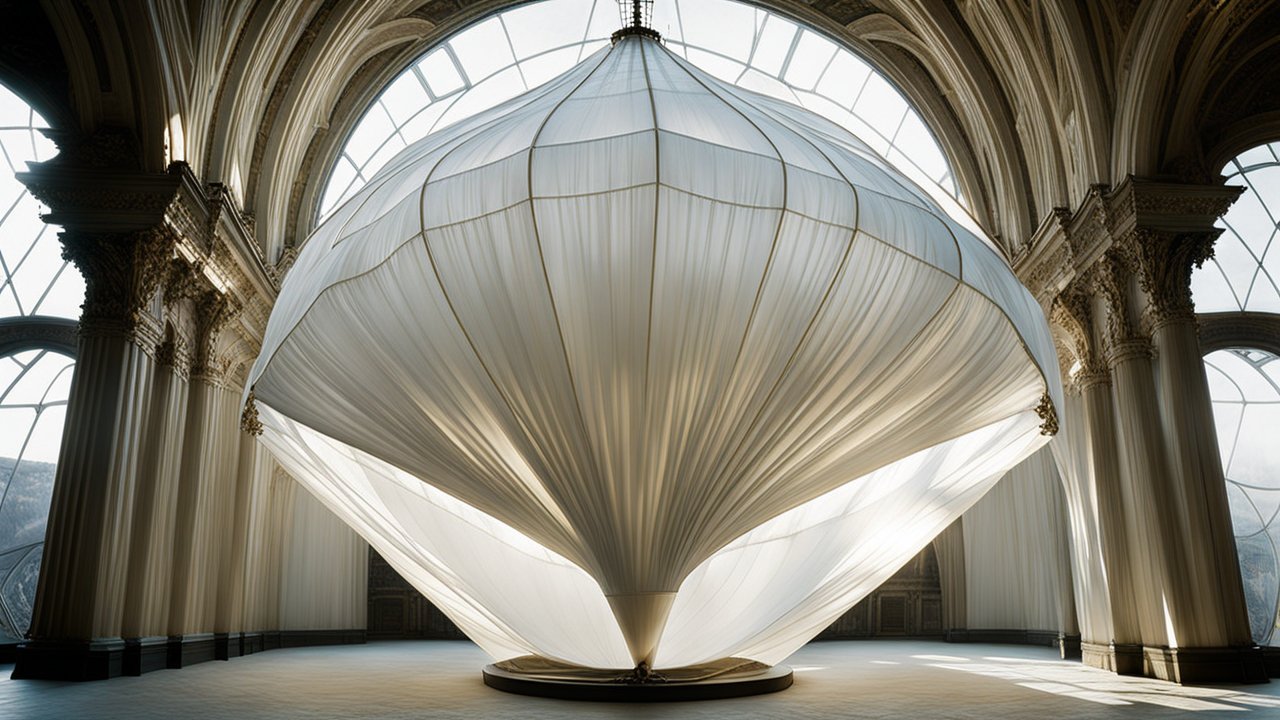 Large White Fabric Installation in Ornate Historic Hall