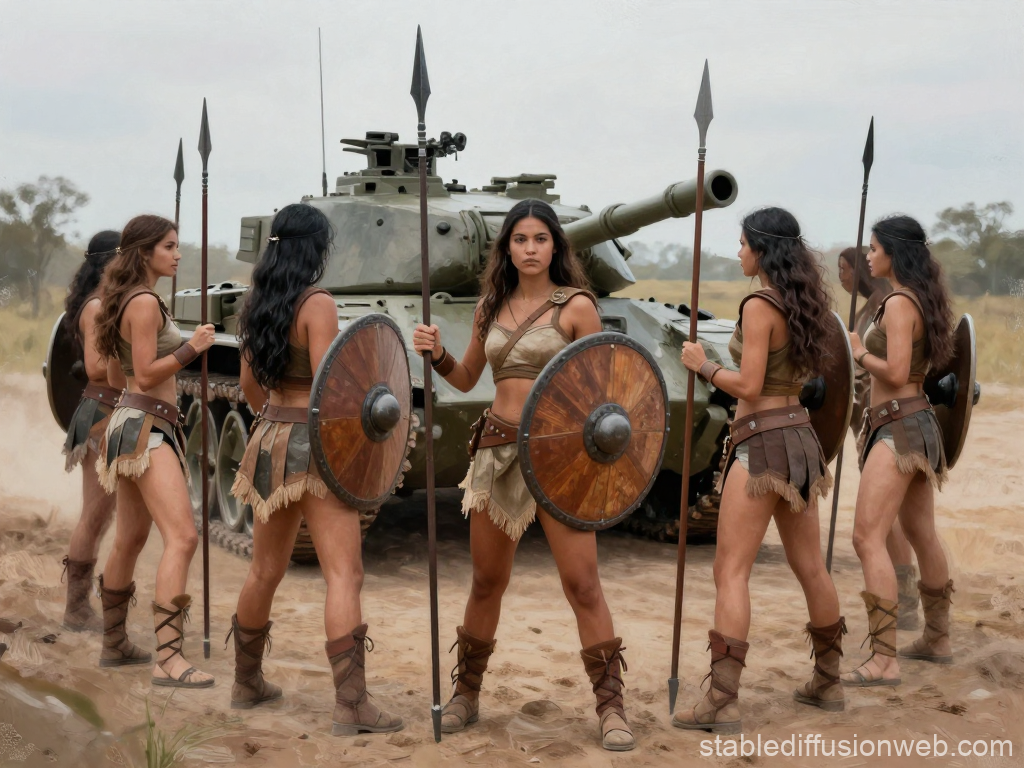 Latina Warriors Surrounding a Military Tank