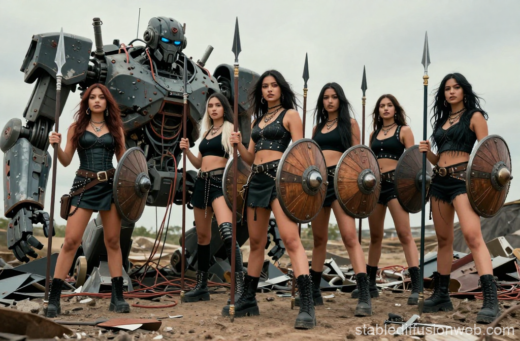 Latina Warriors with Spear and Shield Standing Beside Giant Robot
