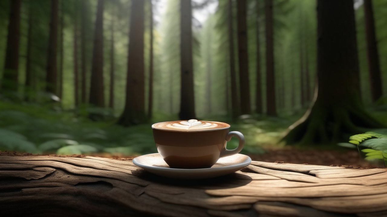 Latte Art Coffee Cup on Wooden Table in Forest