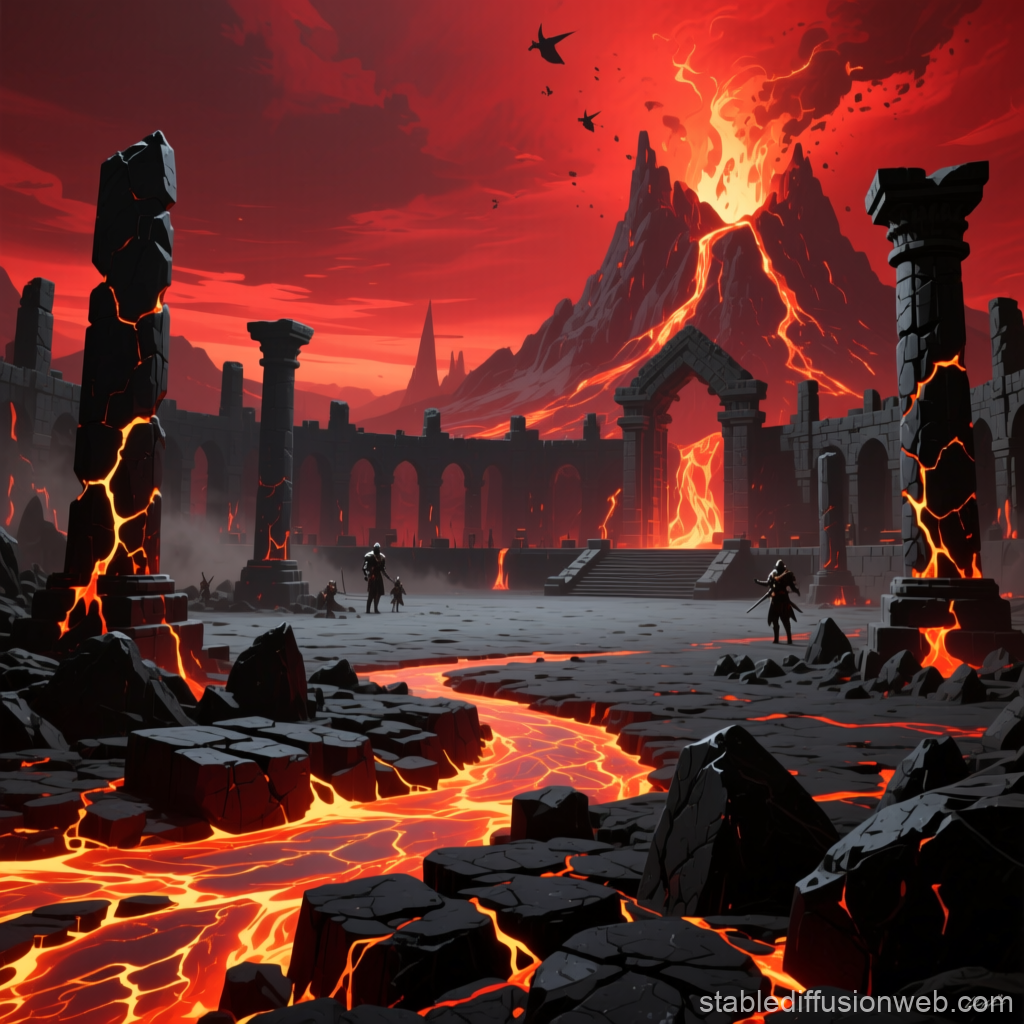 Lava-Filled Fantasy Battlefield with Volcanic Eruption