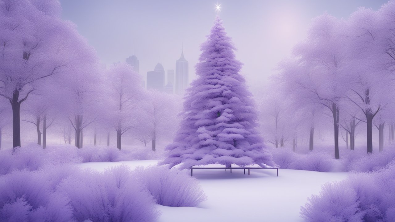 Lavender Winter Park with Christmas Tree and City Skyline