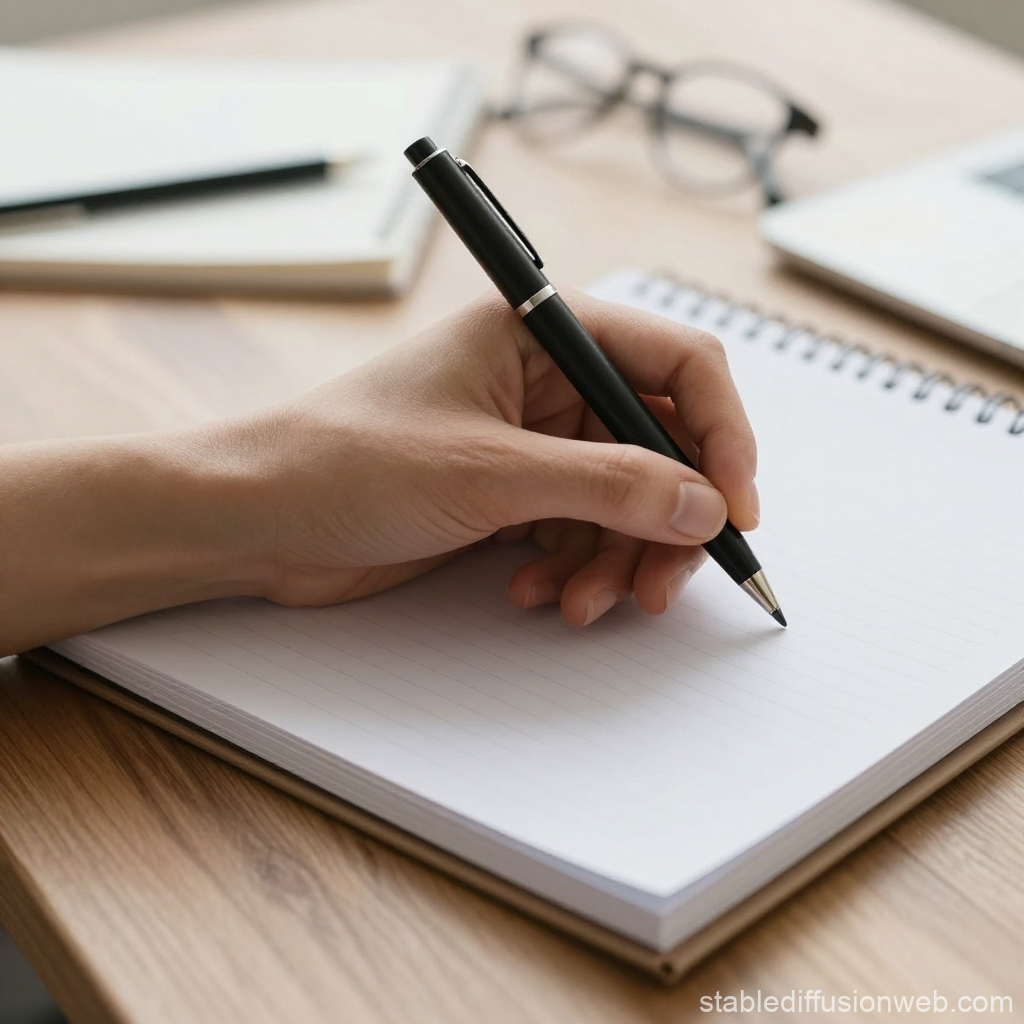 Left-Handed Person Writing in Notebook with Pen