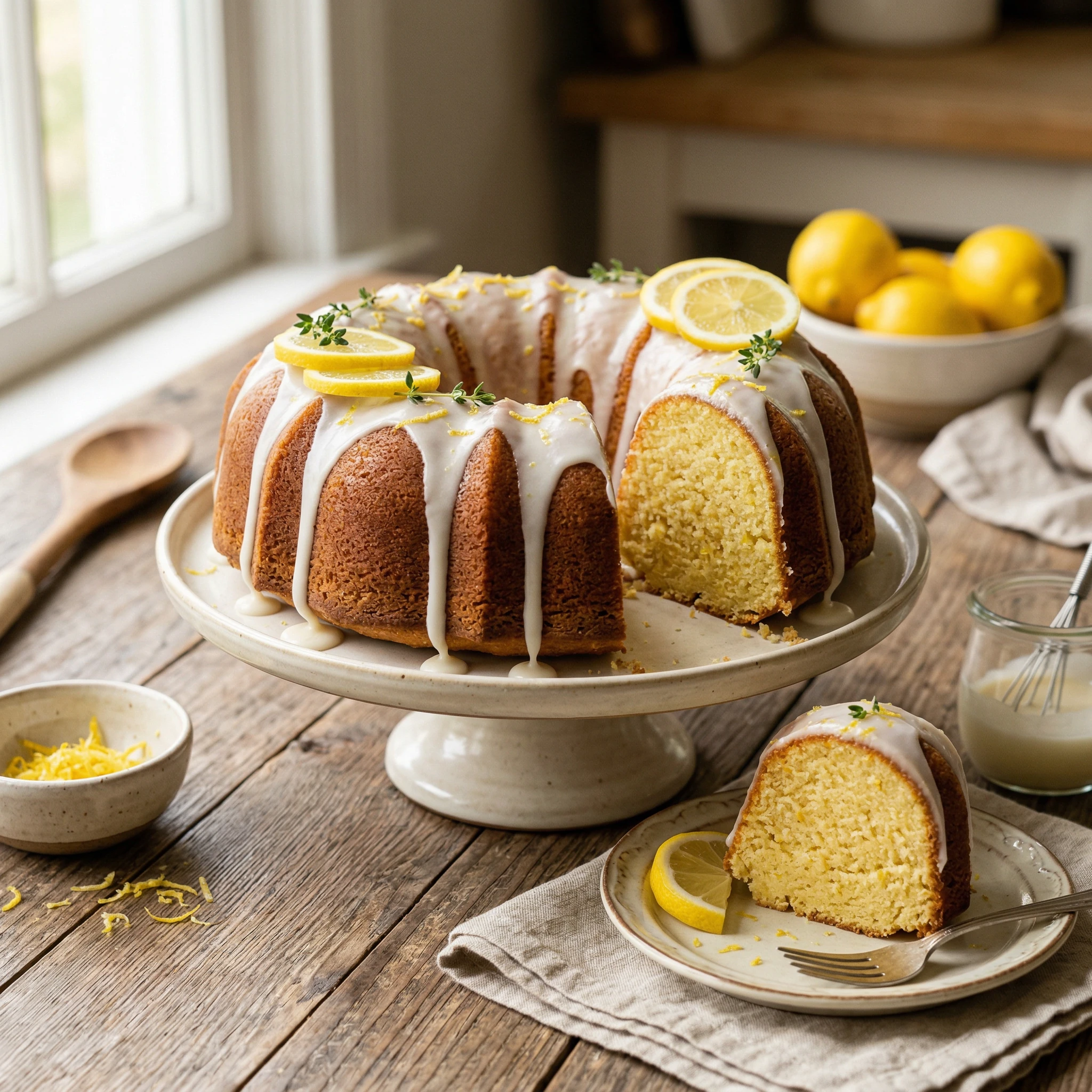 Lemon Pound Cake with Icing and Fresh Lemon Garnish
