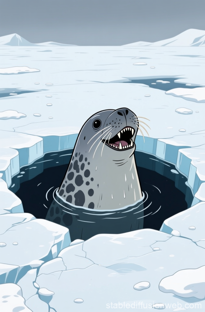 Leopard Seal Emerging from Arctic Ice Hole