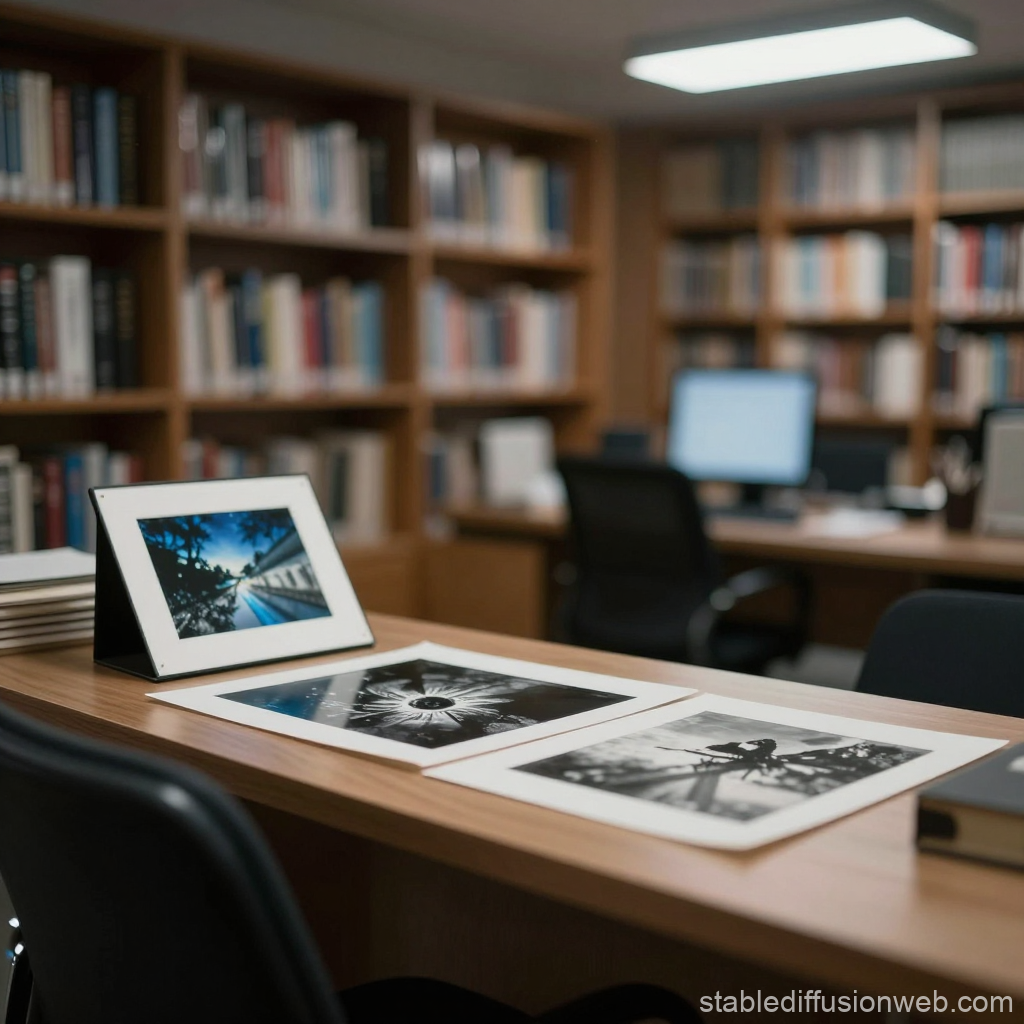 Library Workspace with Photographs and Digital Frame