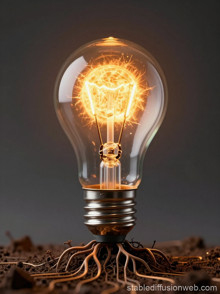 Light Bulb with Glowing Filament and Root-Like Wires in Soil
