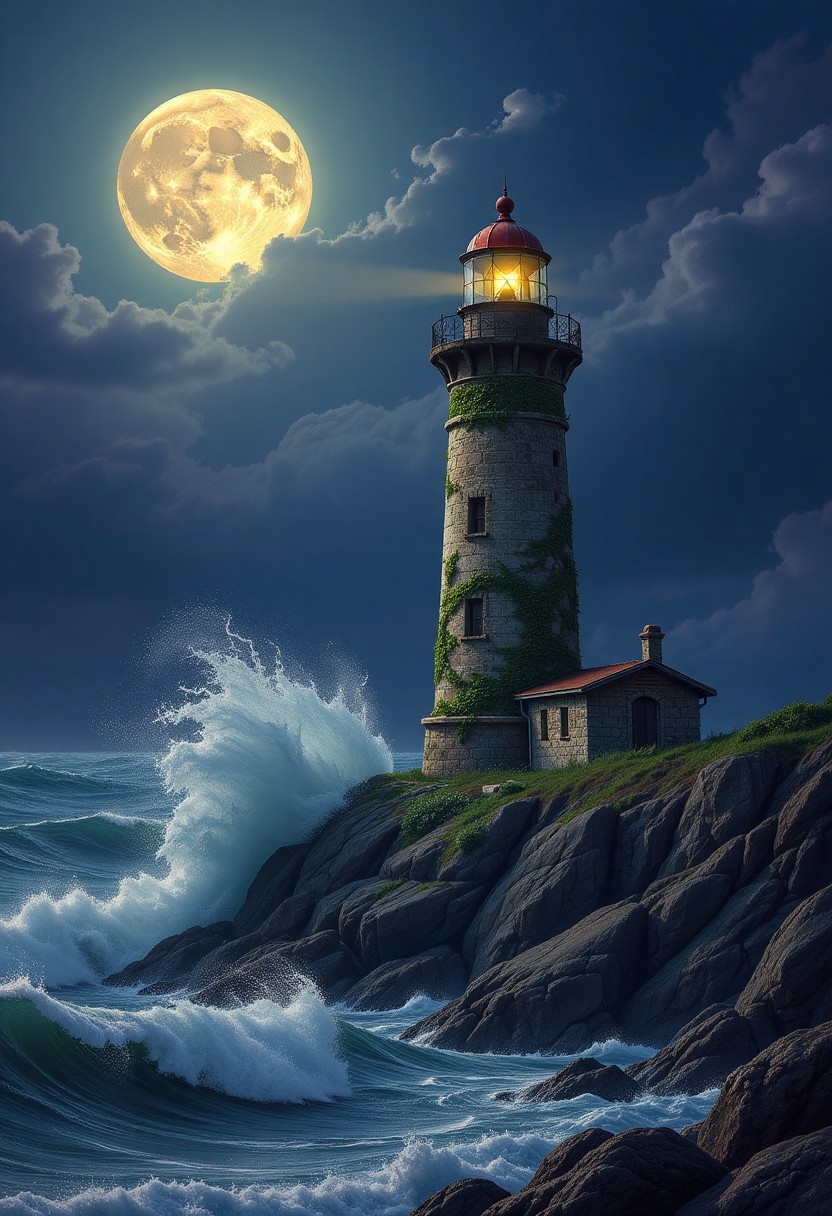 Lighthouse Illuminated by Full Moon Over Stormy Sea