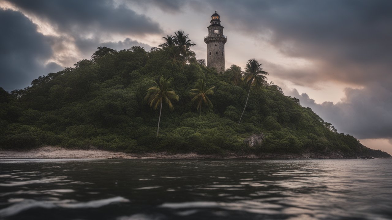 Lighthouse on a Lush Island at Dusk