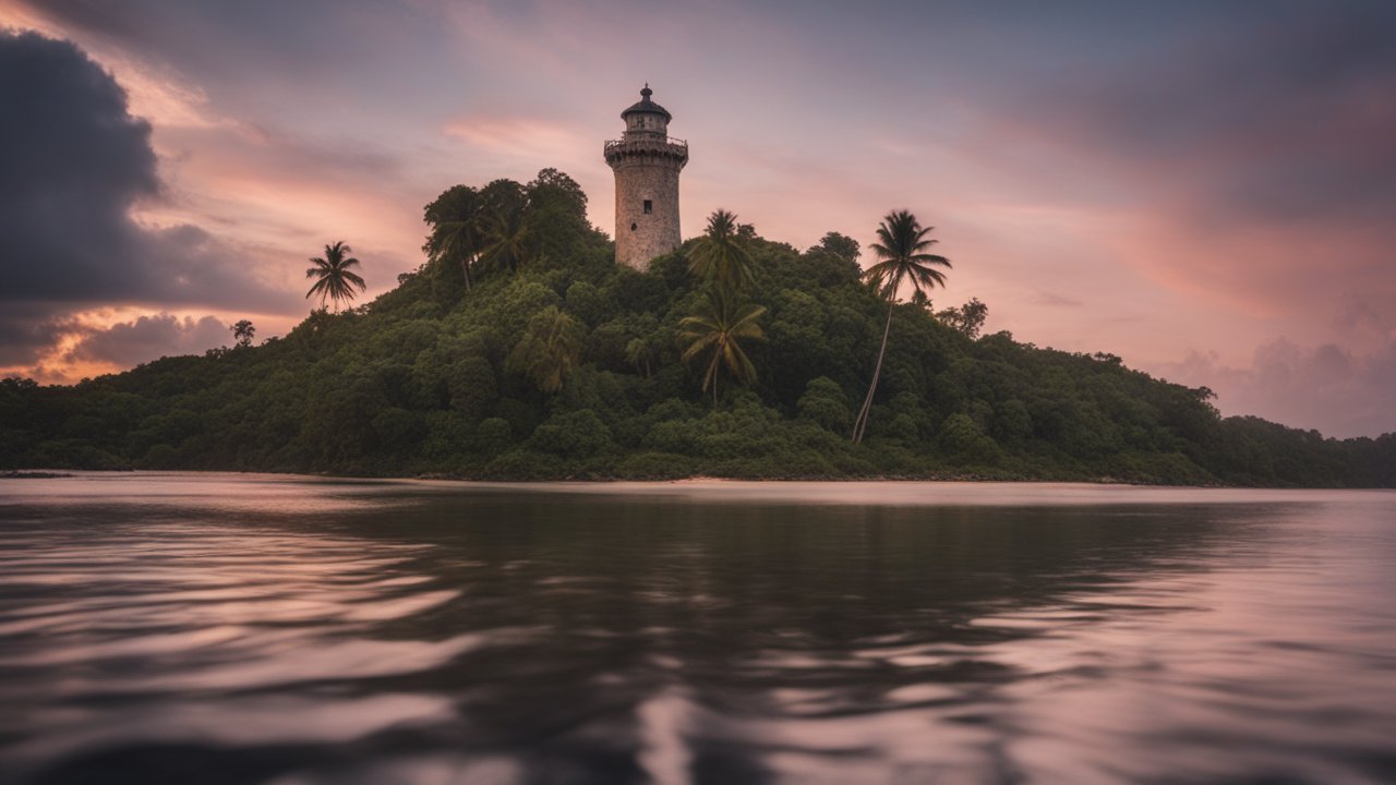 Lighthouse on a Tropical Island at Sunset