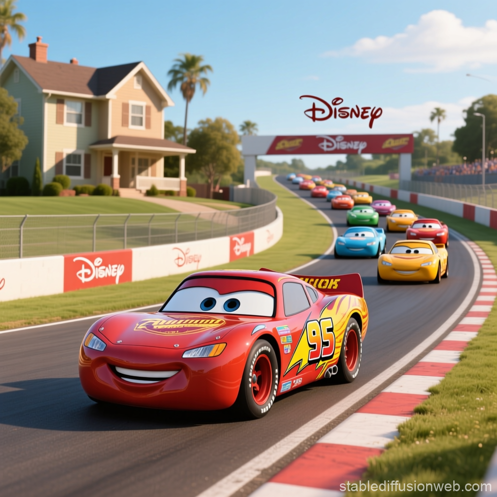 Lightning McQueen Leading a Colorful Race on a Disney Track