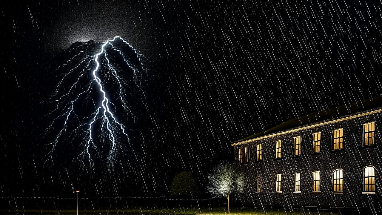 Lightning Strike Over Building During Rainstorm