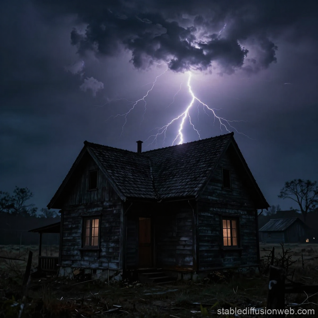 Lightning Strikes Over Dark Village House at Night
