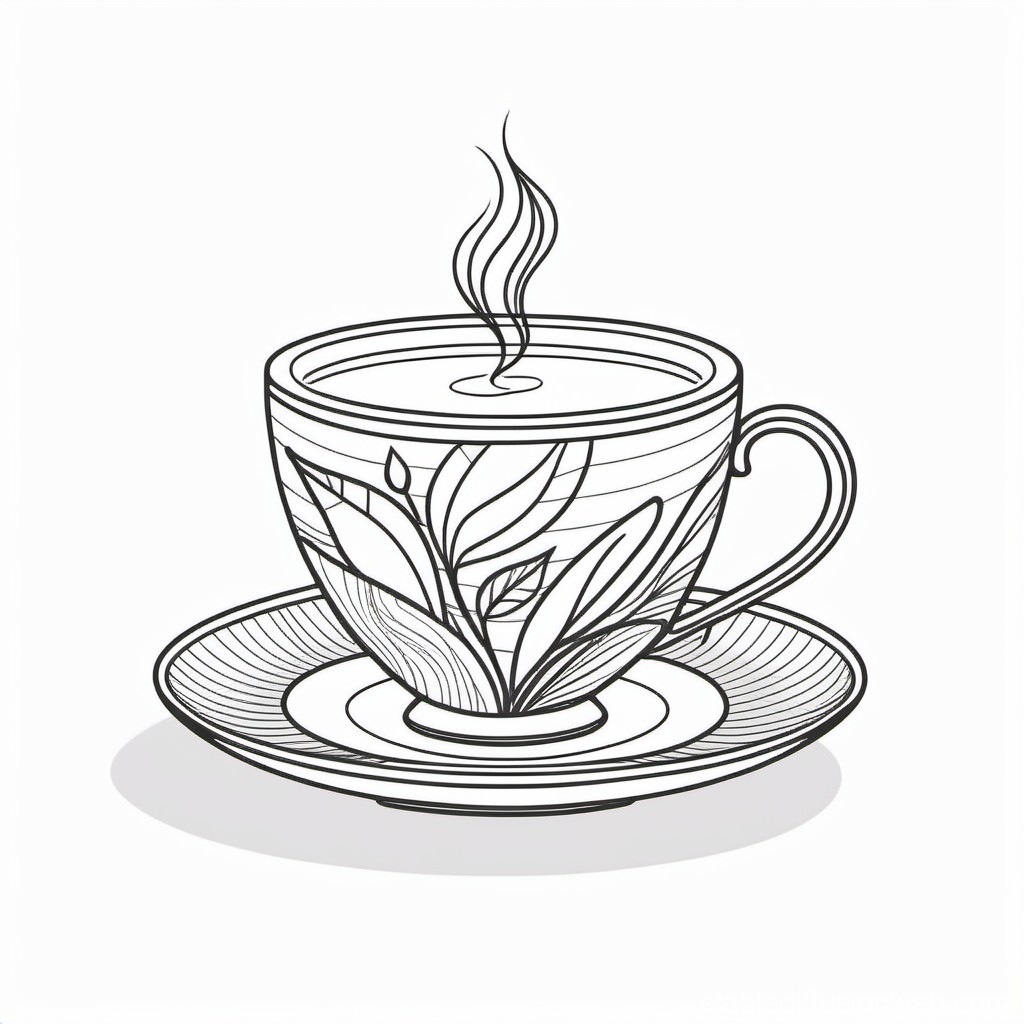Line Art of a Decorative Tea Cup with Saucer
