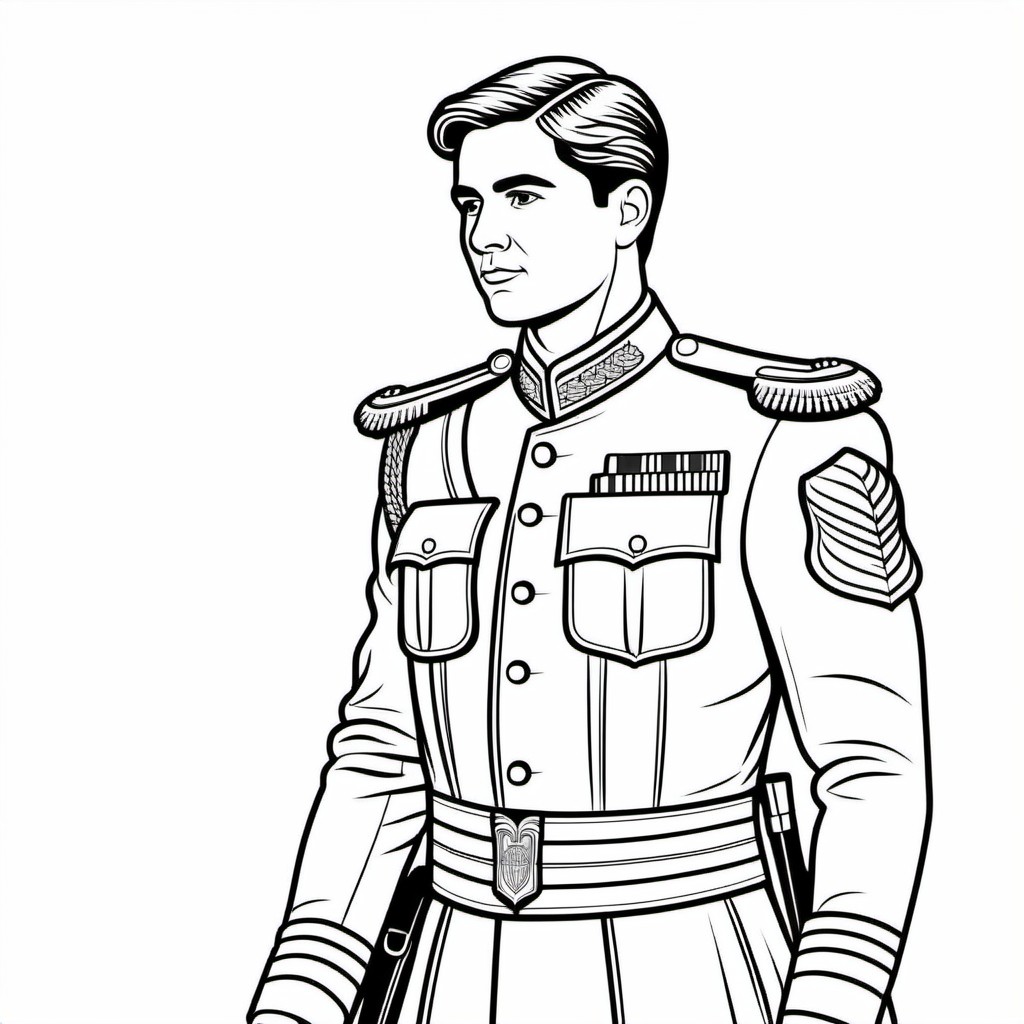 Line Art of a Military Officer in Formal Uniform