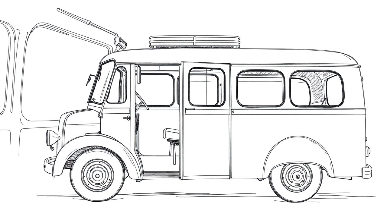 Line Art of Vintage Bus Side View