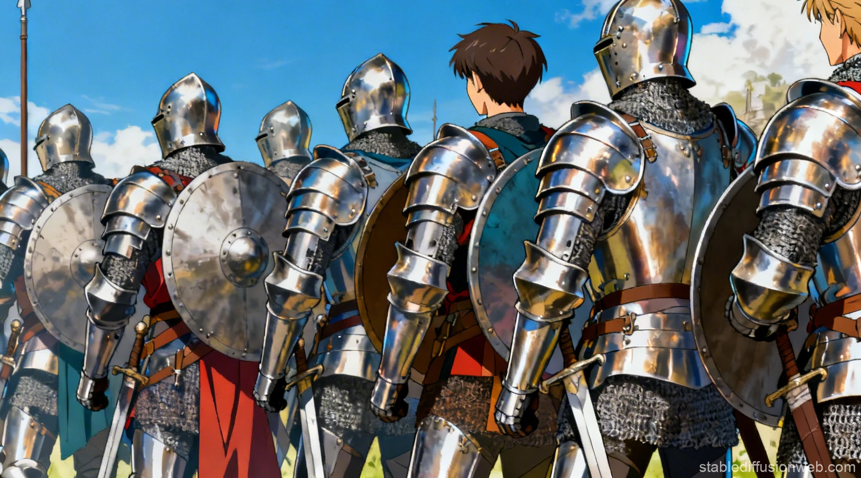 Line of Knights in Shining Armor Under Blue Sky