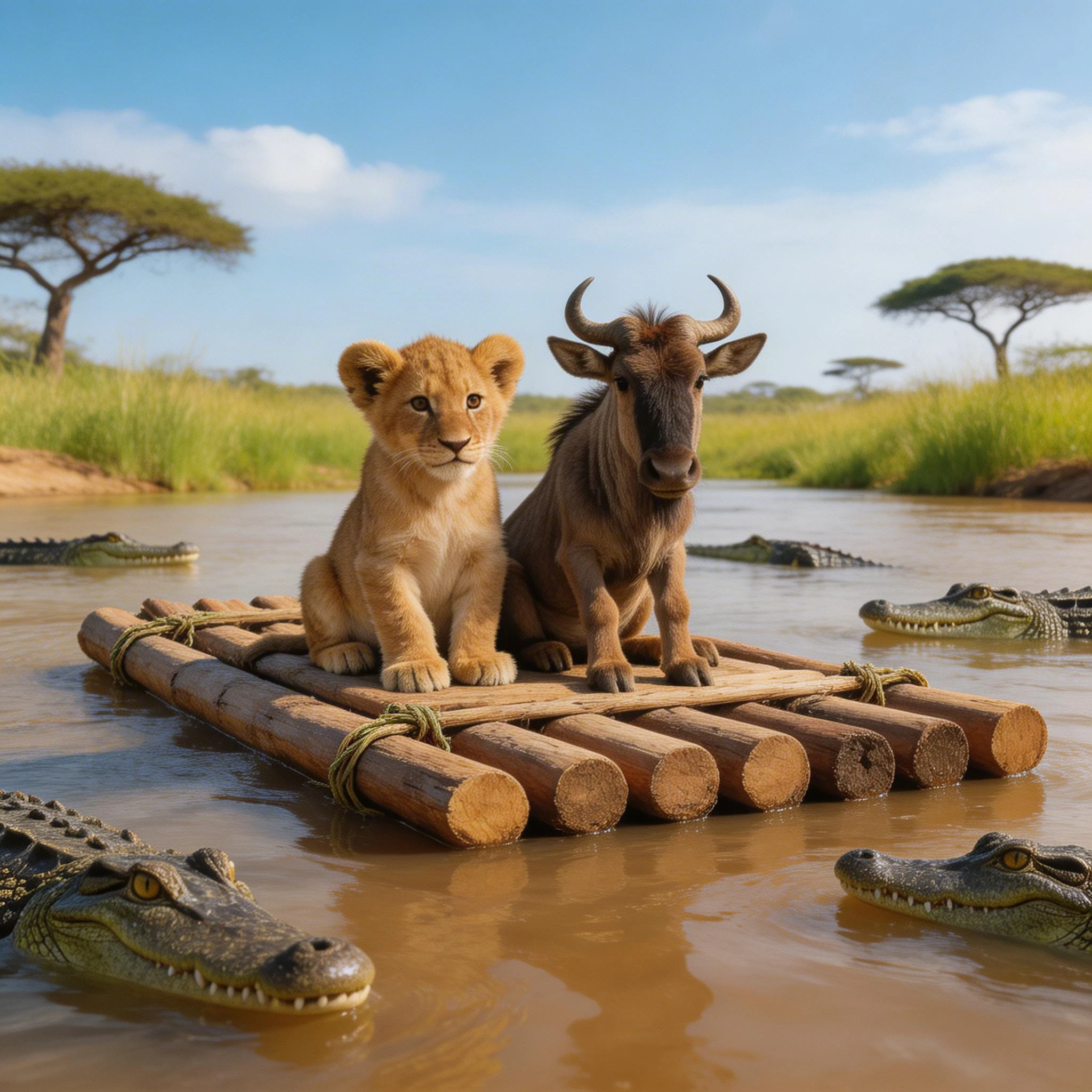 Lion Cub and Gnu on Raft Surrounded by Crocodiles
