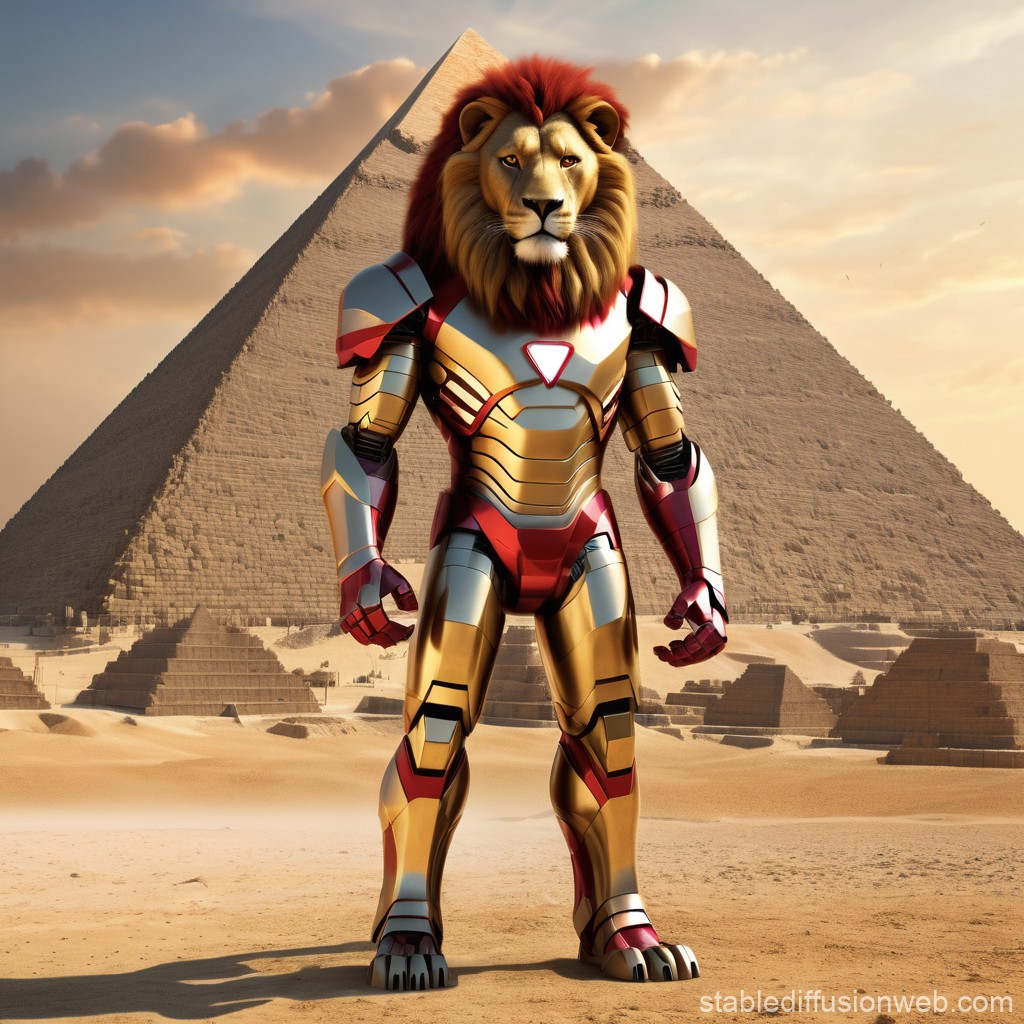 Lion-Headed Iron Man in Front of Egyptian Pyramid