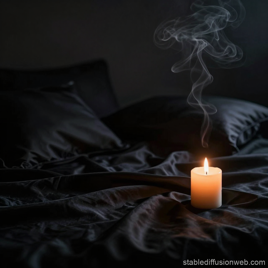 Lit Candle with Rising Smoke on Dark Silky Fabric