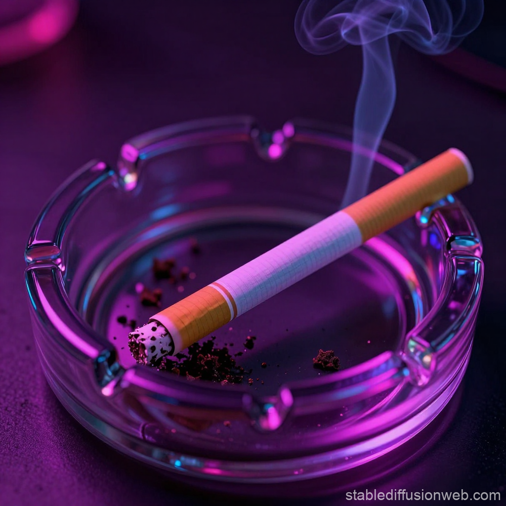 Lit Cigarette Resting in Glass Ashtray with Smoke