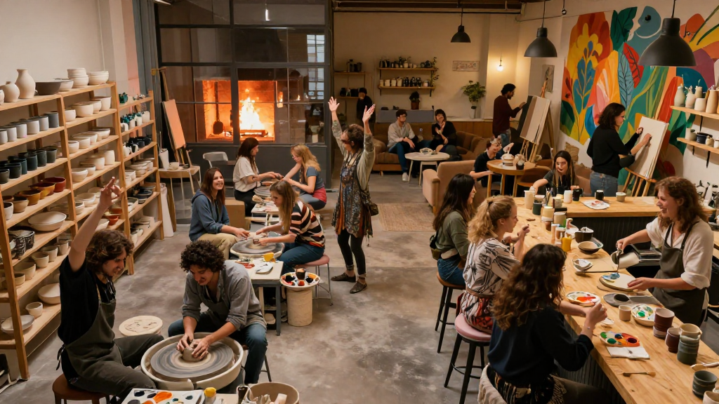 Lively Art Studio with Pottery and Painting Activities