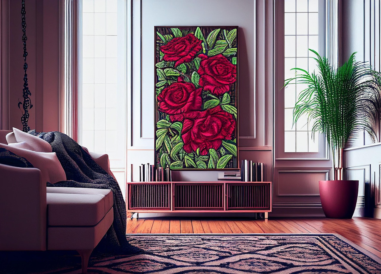 Living Room with Bold Red Rose Painting and Modern Decor