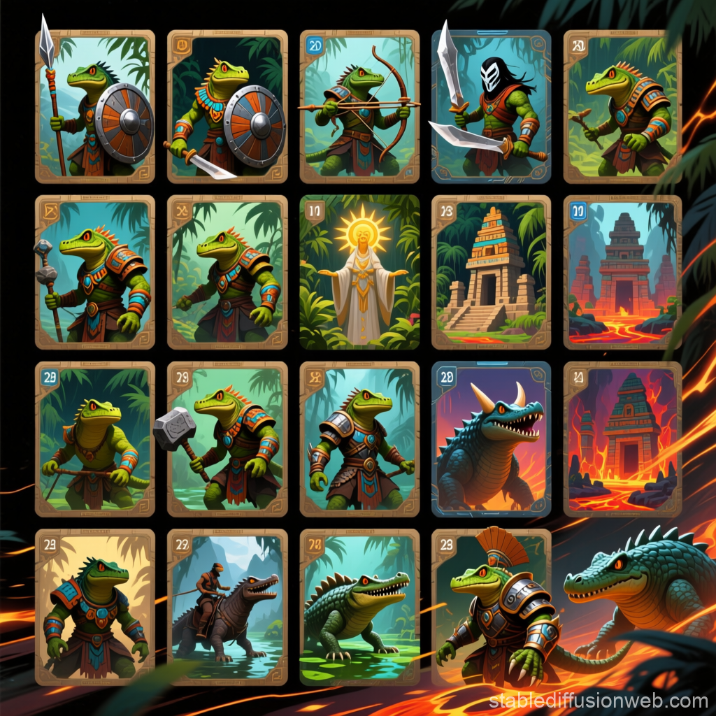 Lizardmen Fantasy Card Sheet with Warriors and Temples
