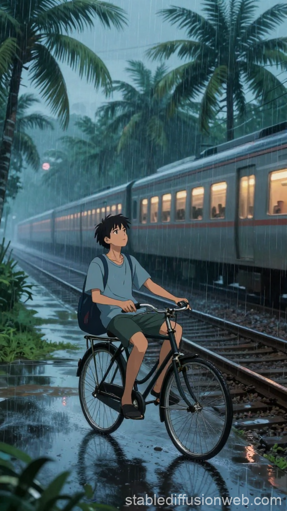 Lofi Anime Rain Scene with Boy on Bicycle by Train Tracks
