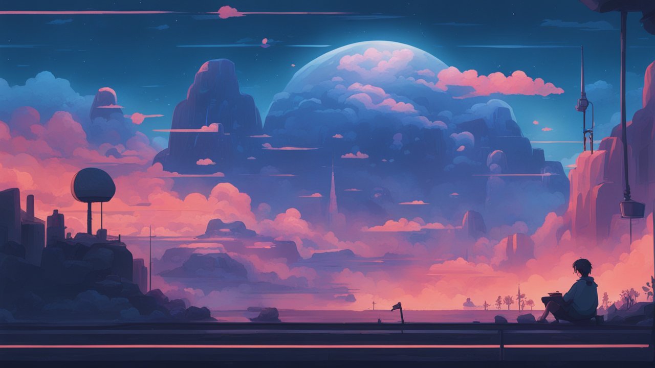 Lofi Sunset with a Dreamy Planet and Silhouetted Figure