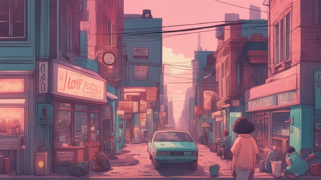 Lofi Urban Street Scene at Sunset