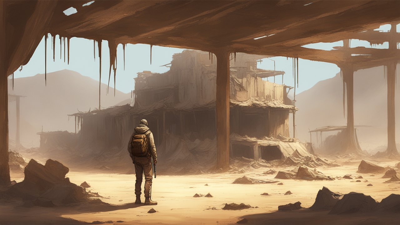 Lone Explorer in a Post-Apocalyptic Desert Ruin