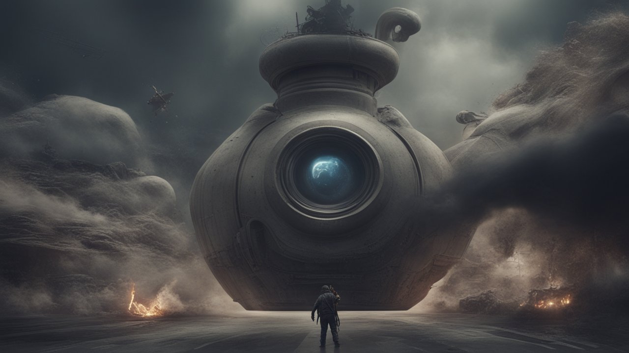 Lone Figure Facing Massive Futuristic Machine with Earth View