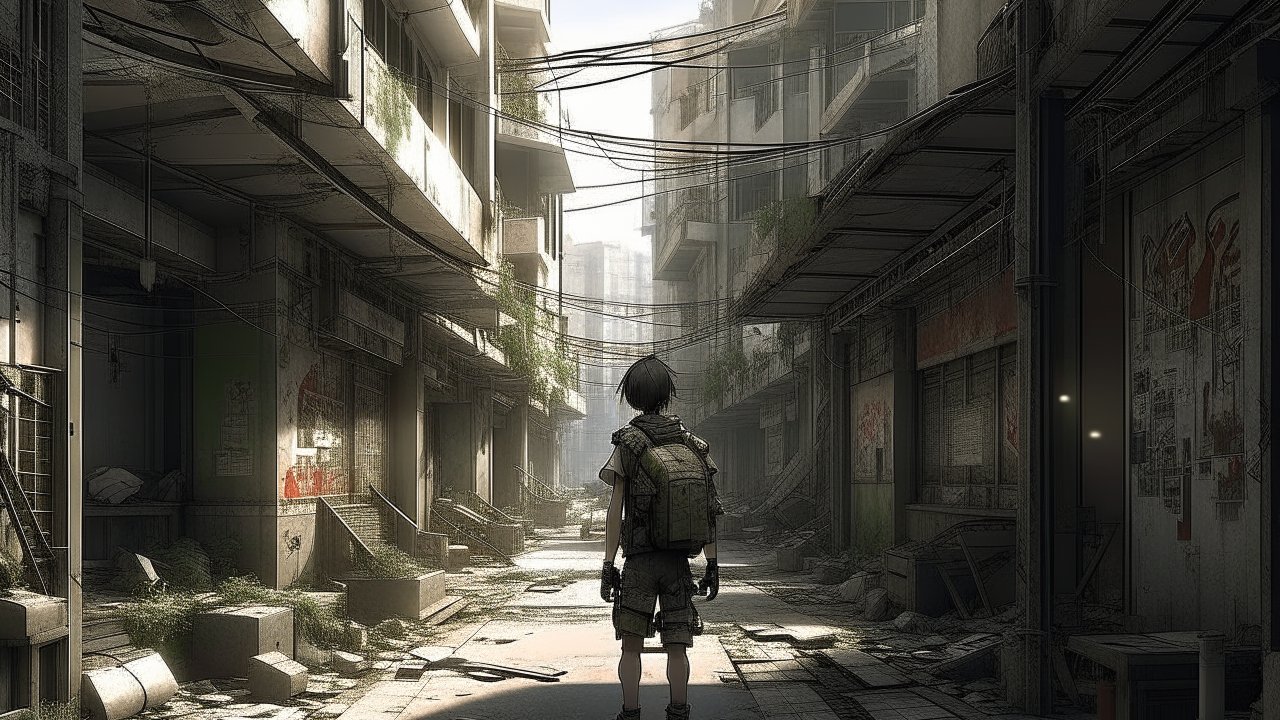 Lone Figure in a Post-Apocalyptic Urban Street