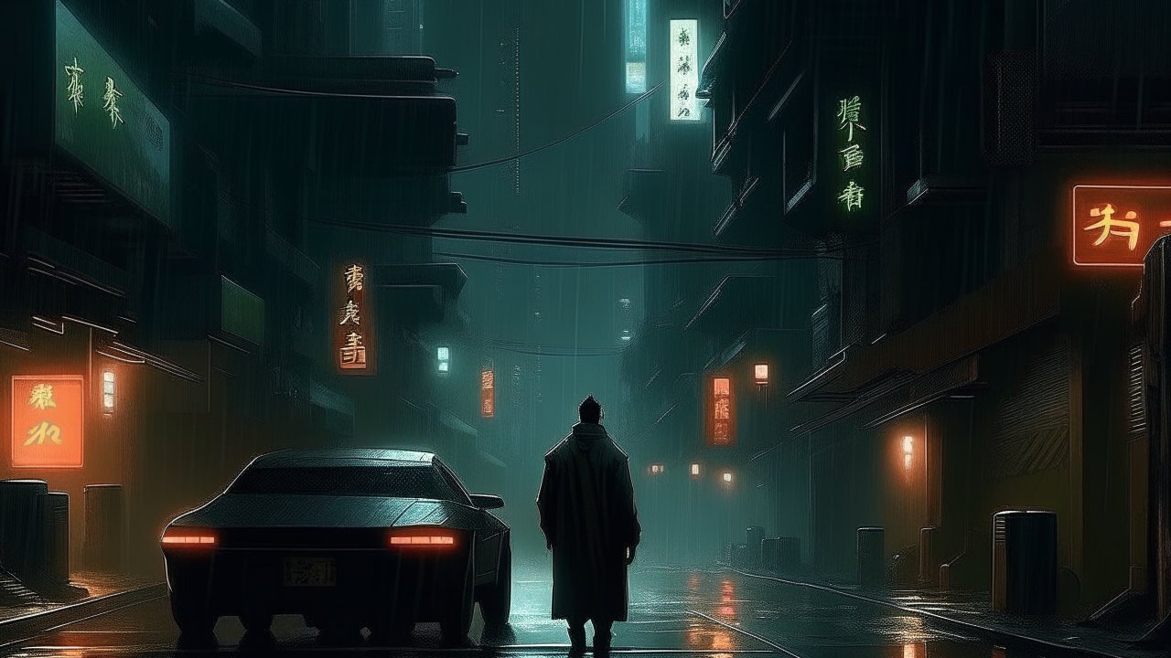 Lone Figure in Neon-Lit Cyberpunk Alley