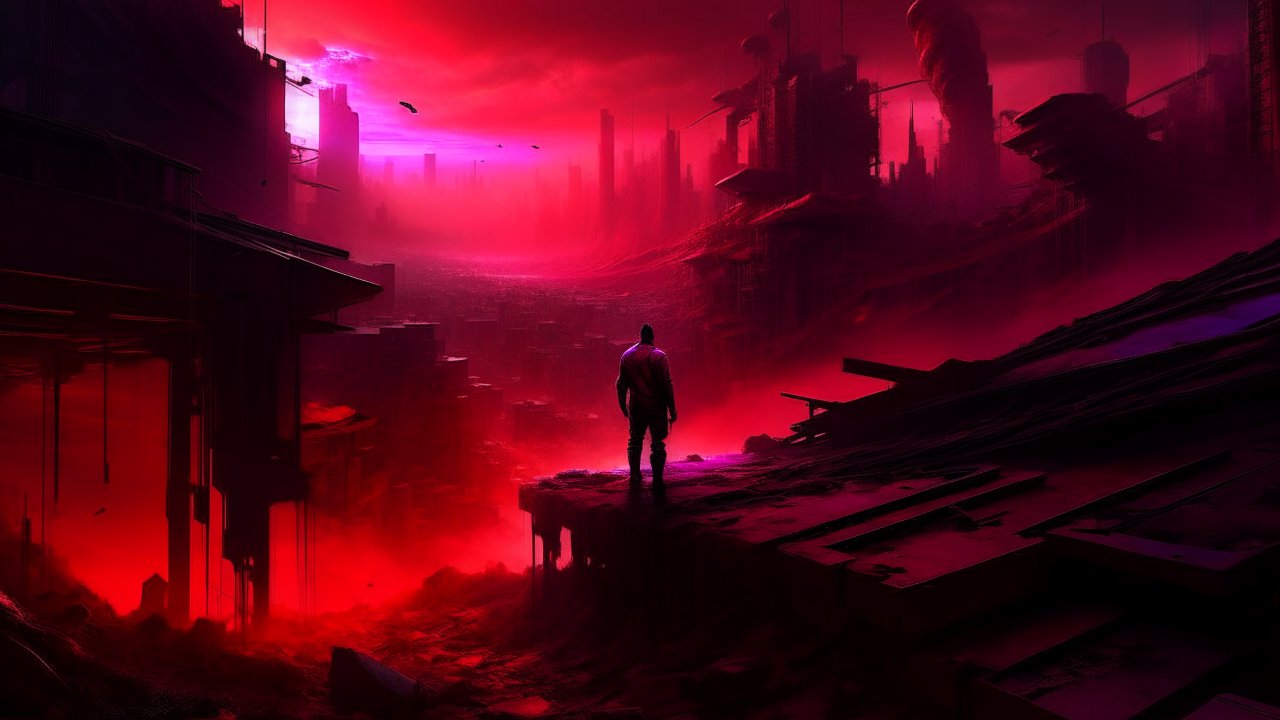 Lone Figure Overlooking a Dystopian Red Cityscape