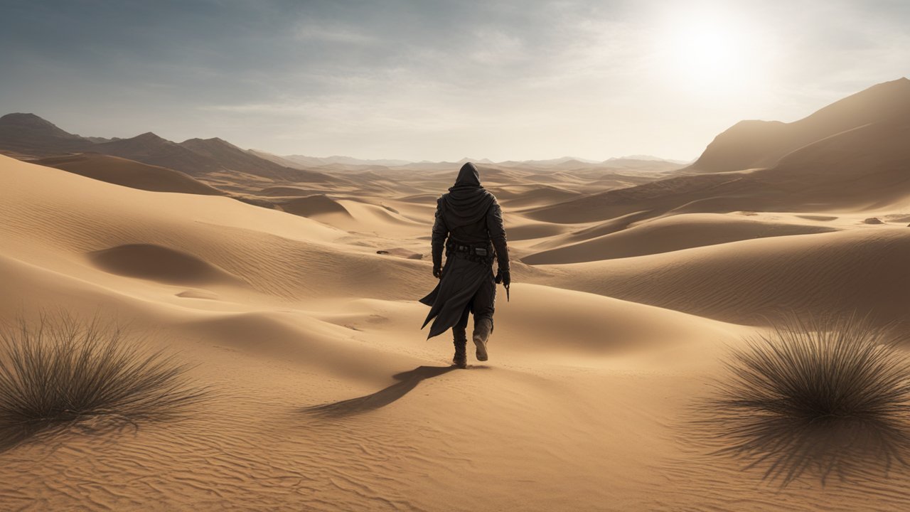 Lone Figure Walking Through Vast Desert Dunes