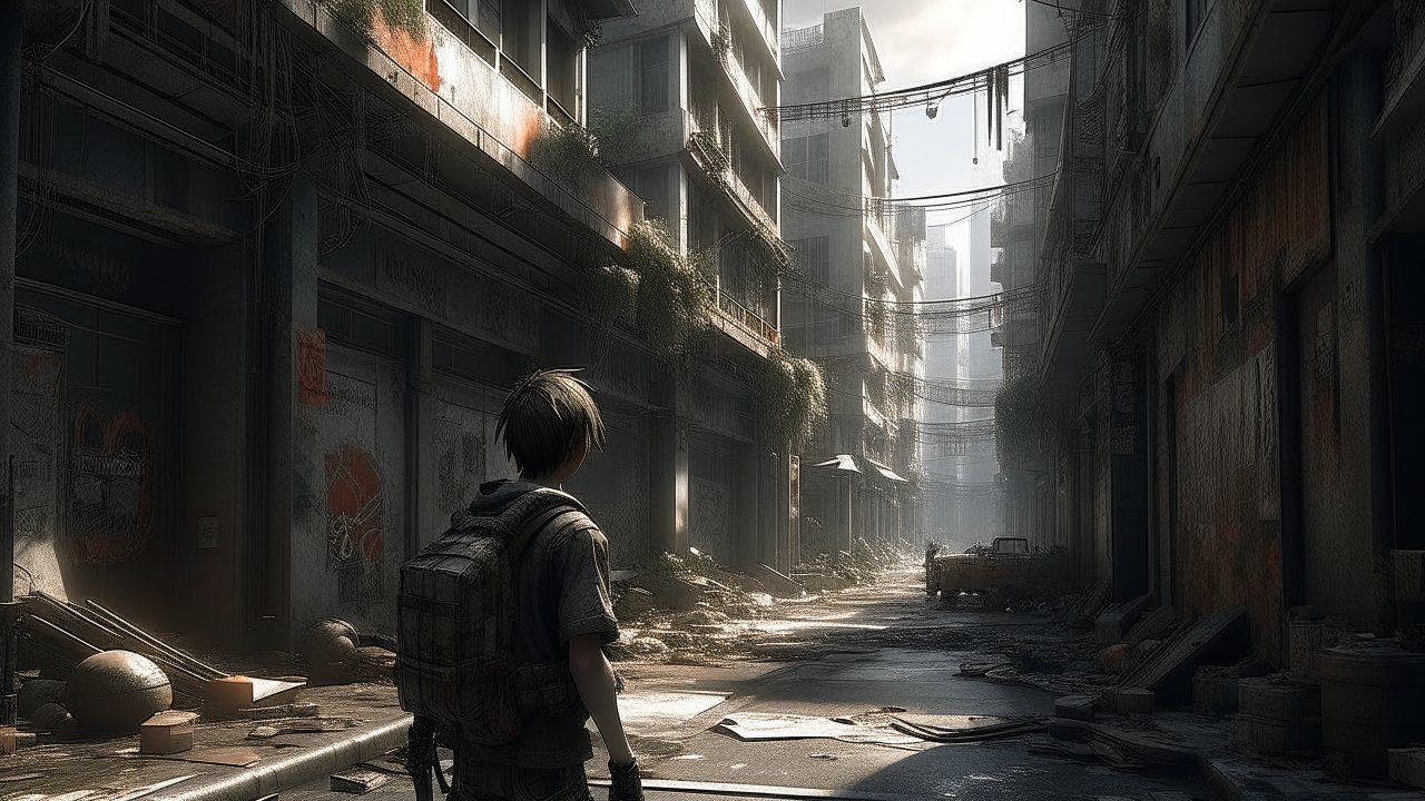Lone Survivor in Post-Apocalyptic Urban Ruins