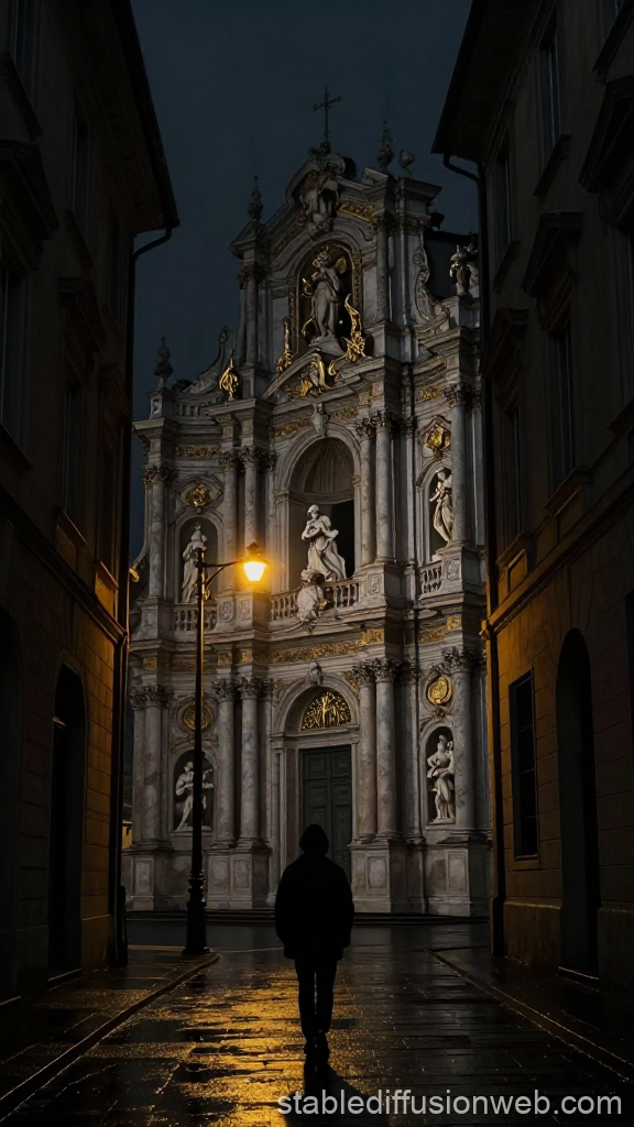 Lone Walker on Rainy Street Facing Illuminated Baroque Church