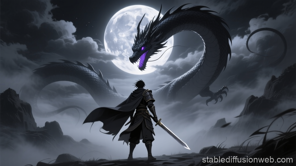 Lone Warrior Facing a Giant Dragon Under the Full Moon