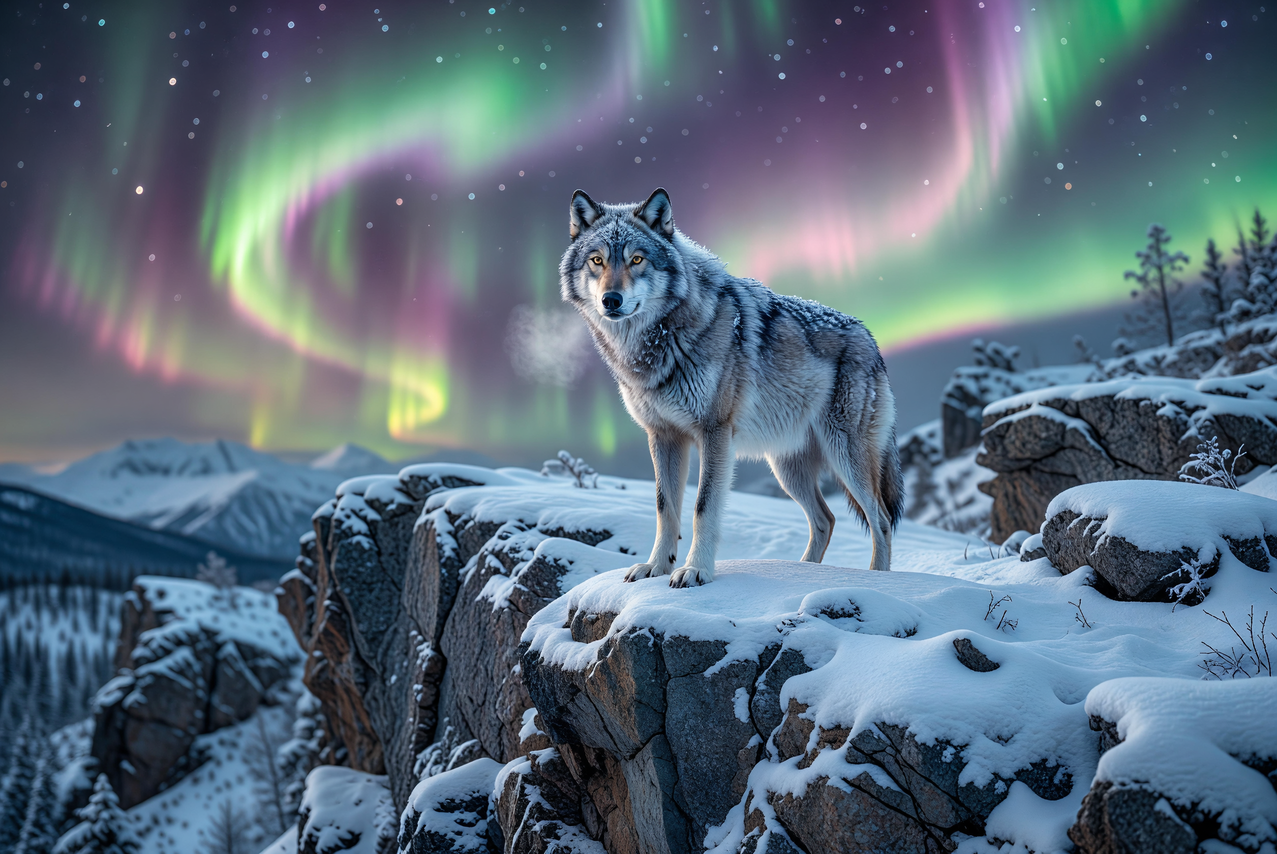 Lone Wolf Standing on Snowy Cliff Under Aurora Borealis