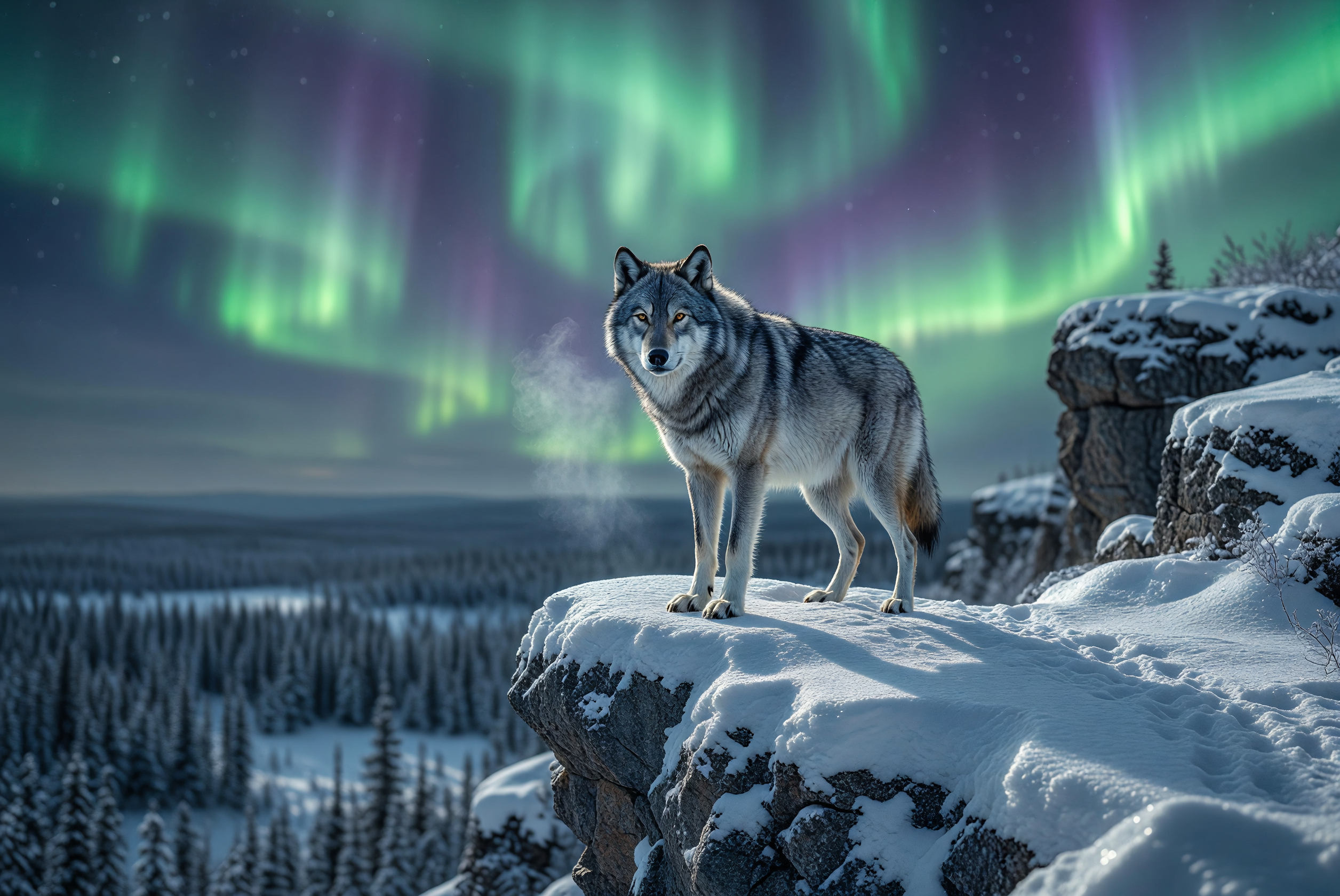Lone Wolf Standing on Snowy Cliff Under Aurora Borealis