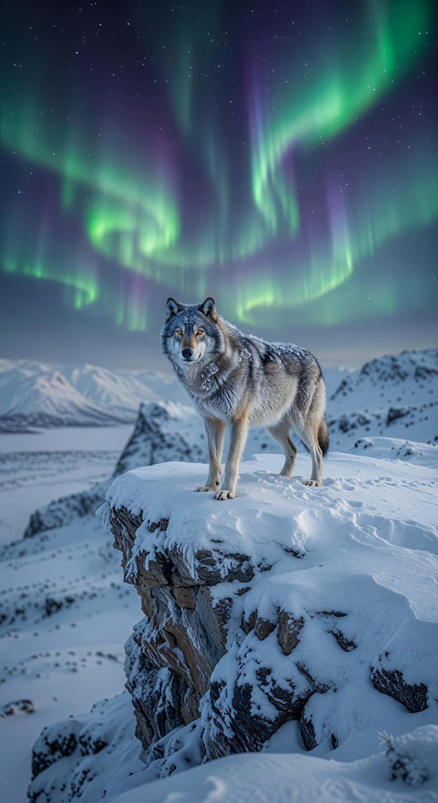 Lone Wolf Standing on Snowy Cliff Under Northern Lights