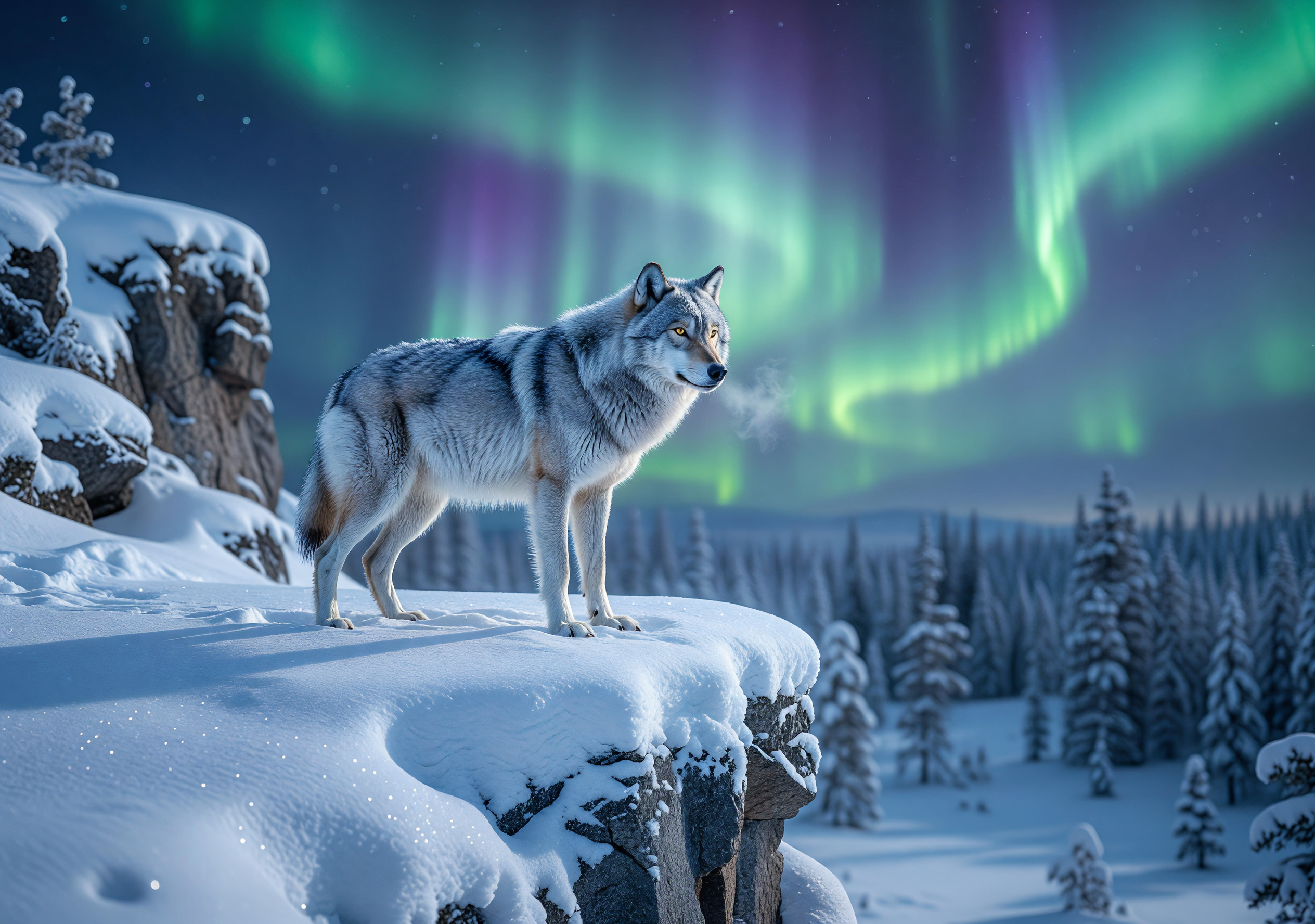 Lone Wolf Standing on Snowy Cliff Under Northern Lights