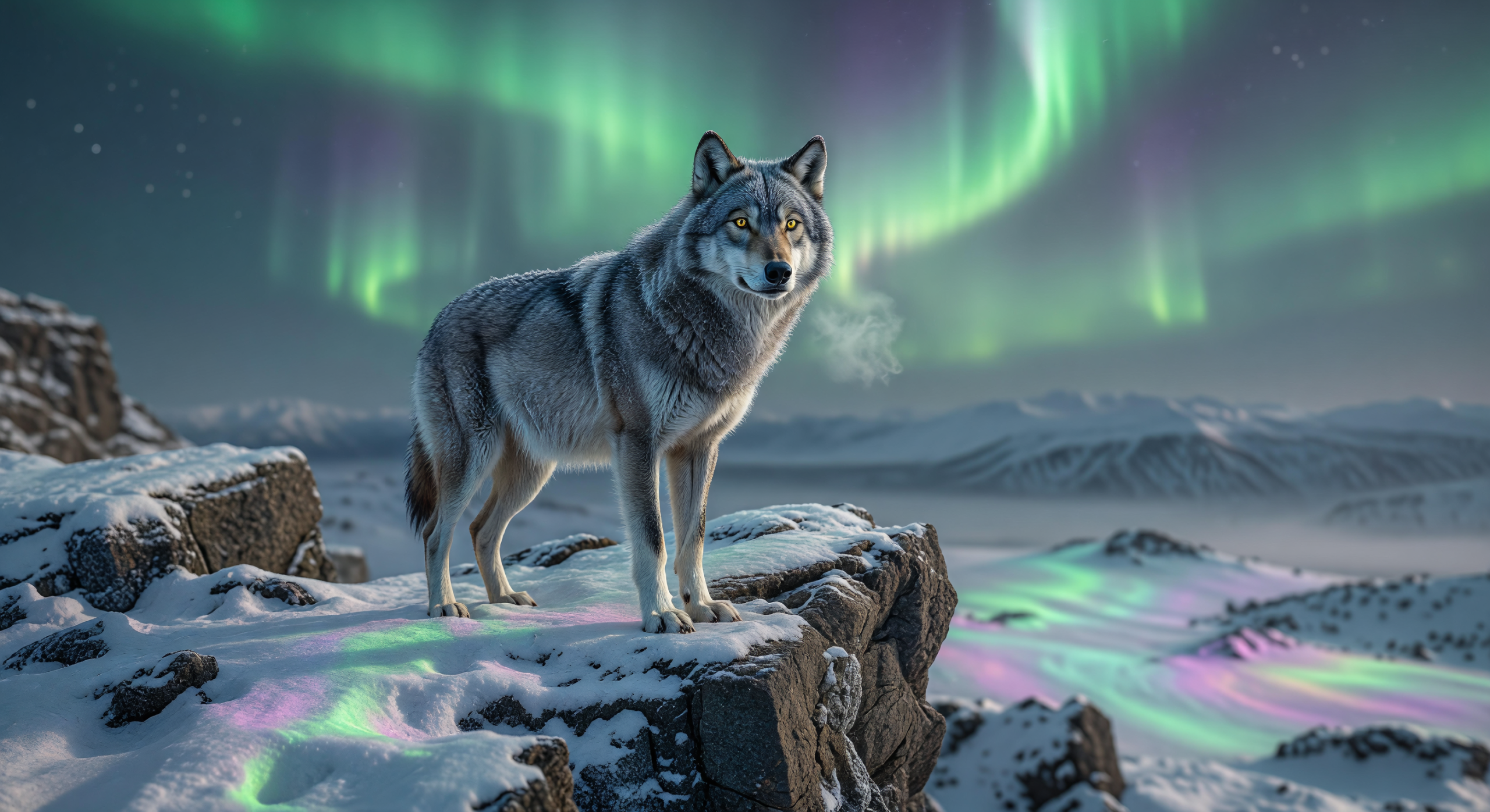 Lone Wolf Standing Under the Northern Lights