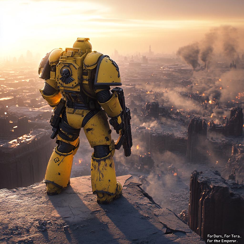 Lone Yellow Armored Soldier Overlooking a Devastated City